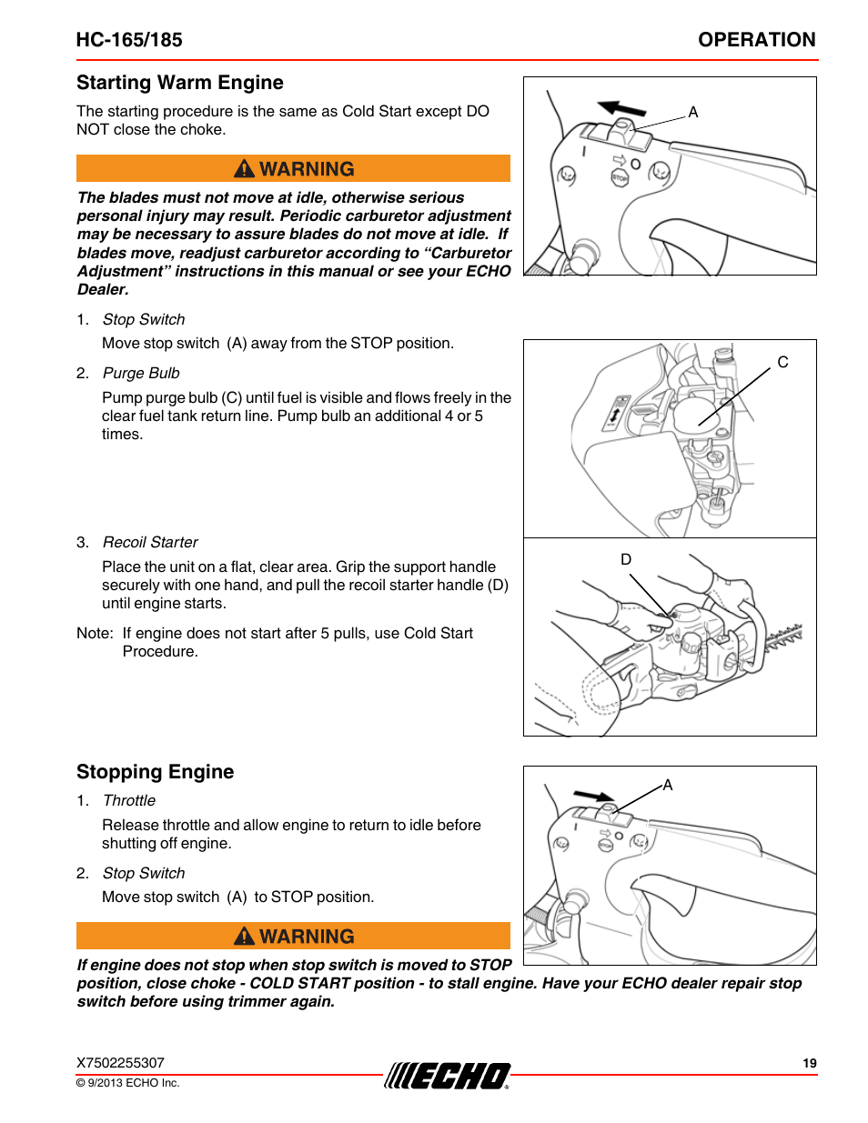 Starting warm engine, Stopping engine, Starting warm engine stopping engine | Echo HC-185 User Manual | Page 19 / 36