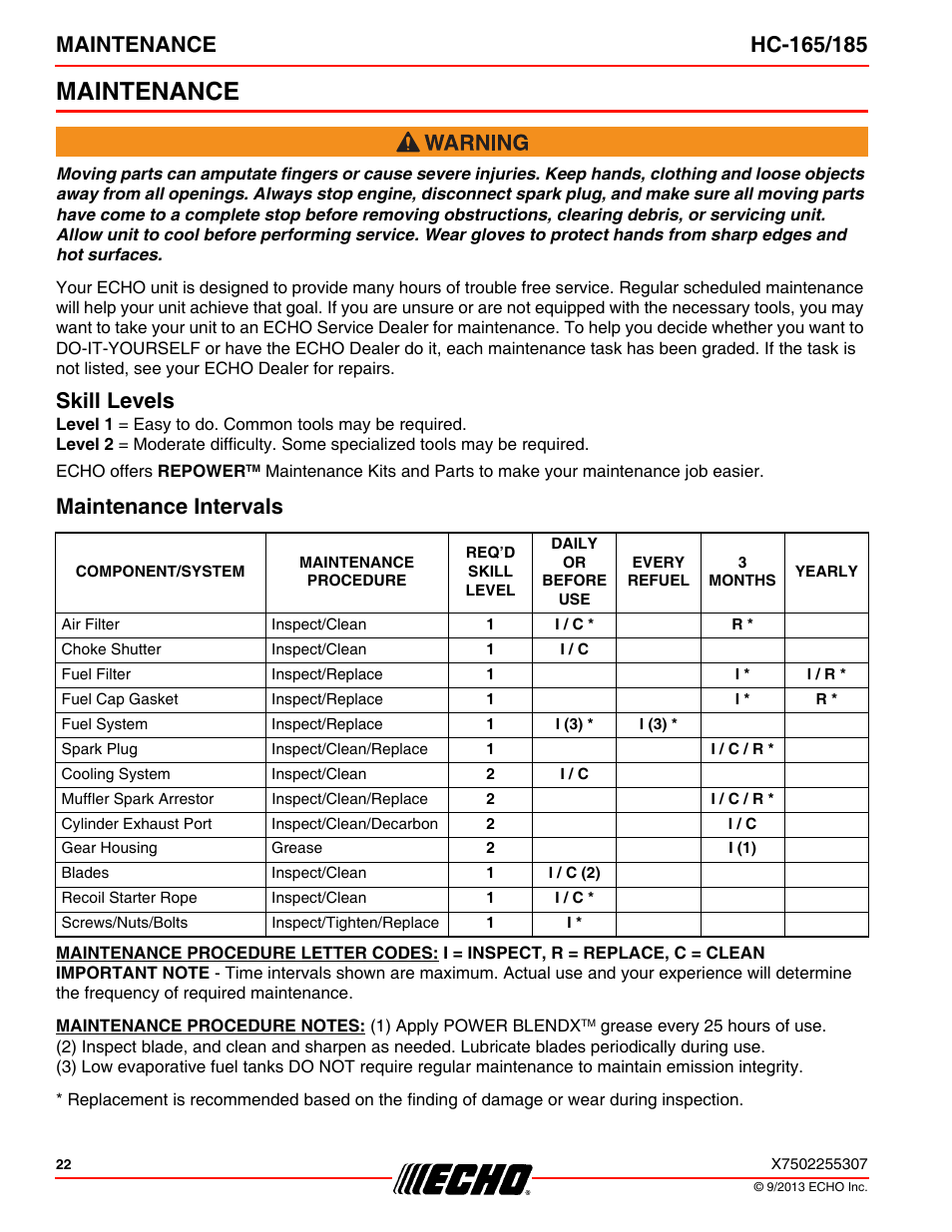 Maintenance, Skill levels, Maintenance intervals | Skill levels maintenance intervals | Echo HC-185 User Manual | Page 22 / 36