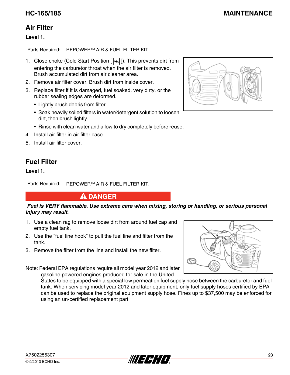 Air filter, Fuel filter, Air filter fuel filter | Echo HC-185 User Manual | Page 23 / 36