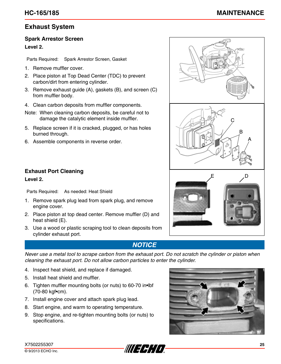 Exhaust system, Spark arrestor screen, Exhaust port cleaning | Echo HC-185 User Manual | Page 25 / 36