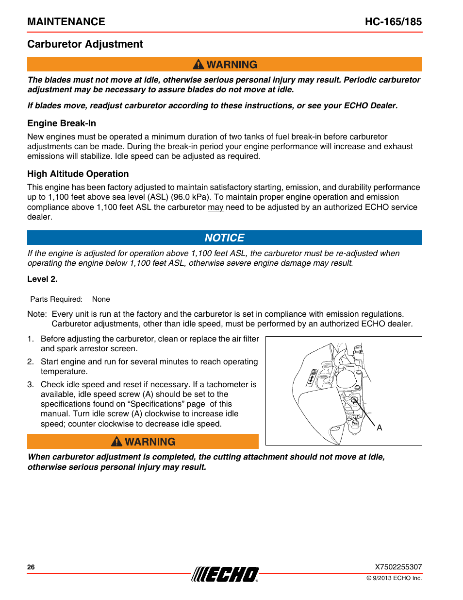 Carburetor adjustment, Engine break-in, High altitude operation | Echo HC-185 User Manual | Page 26 / 36