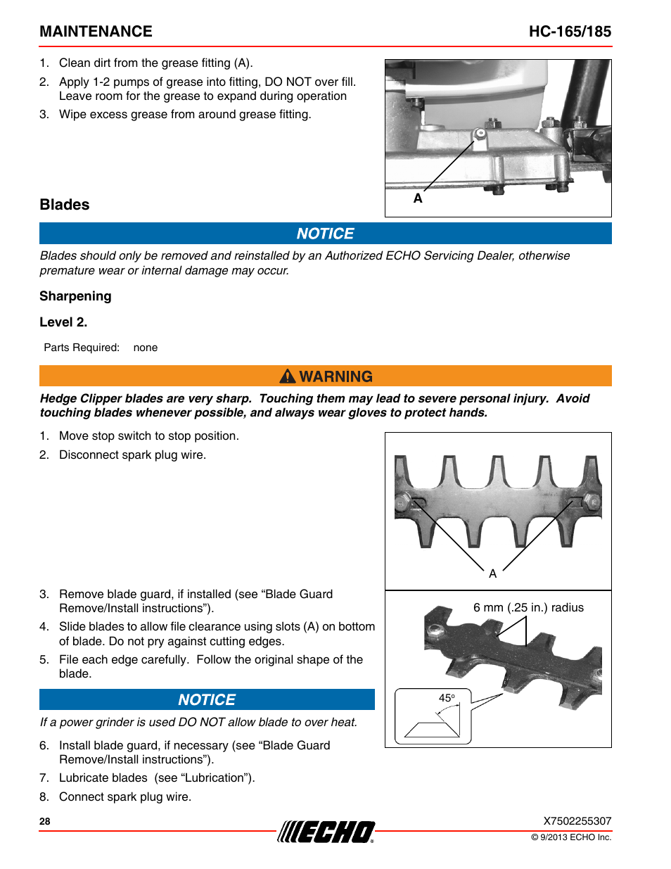 Blades, Sharpening, Level 2 | Echo HC-185 User Manual | Page 28 / 36