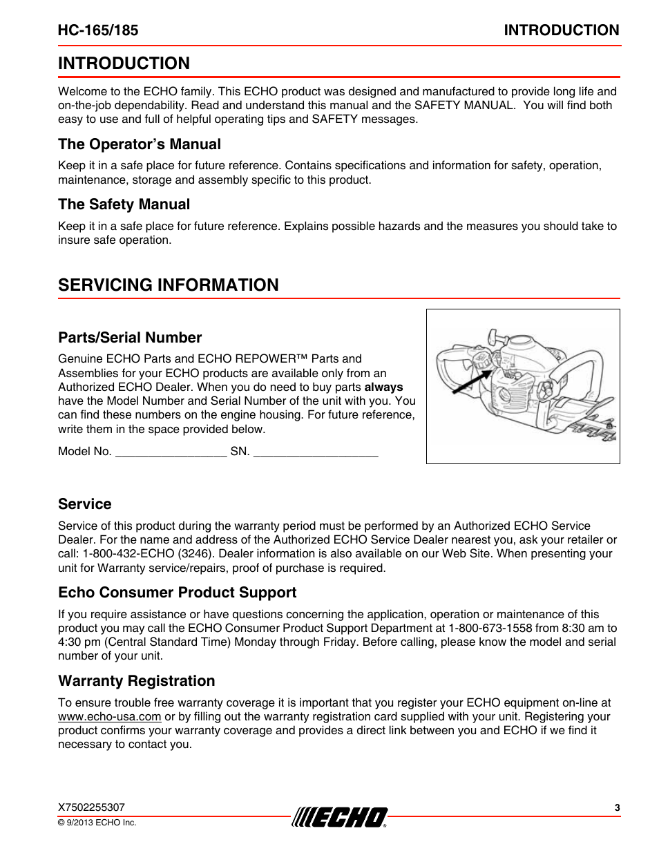 Introduction, The operator’s manual, The safety manual | Servicing information, Parts/serial number, Service, Echo consumer product support, Warranty registration, The operator’s manual the safety manual | Echo HC-185 User Manual | Page 3 / 36