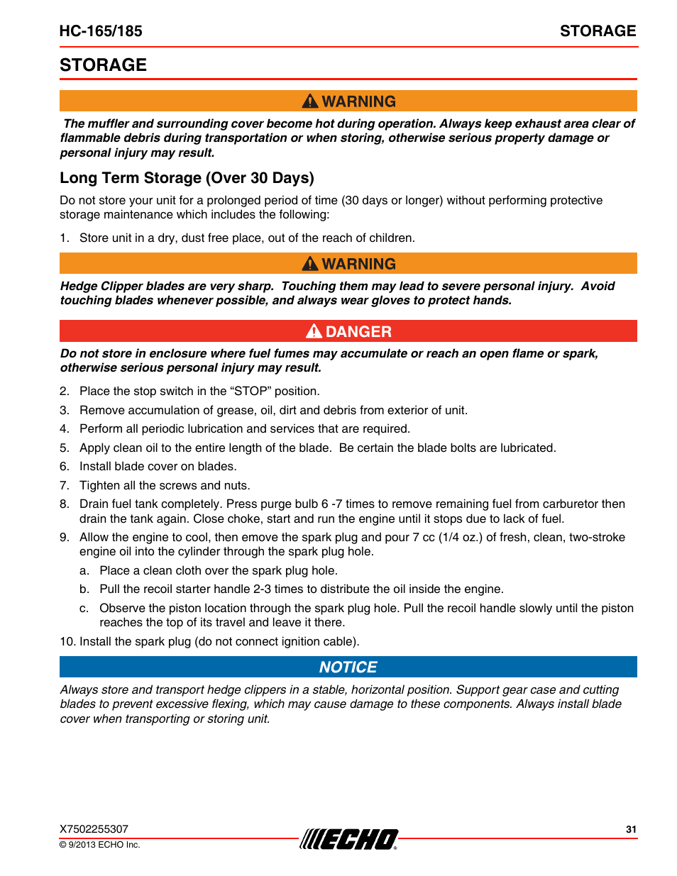 Storage, Long term storage (over 30 days) | Echo HC-185 User Manual | Page 31 / 36