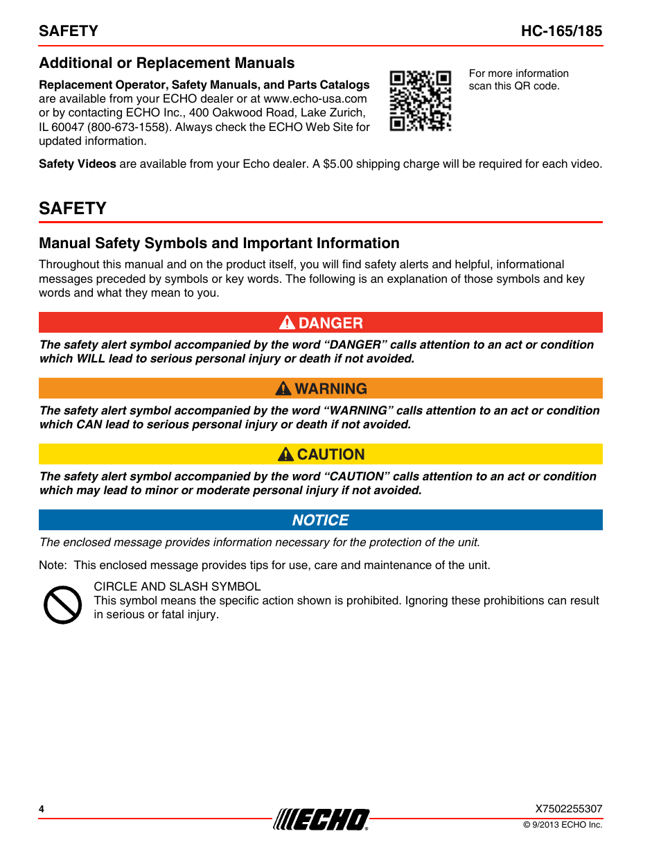 Additional or replacement manuals, Safety, Manual safety symbols and important information | Echo HC-185 User Manual | Page 4 / 36