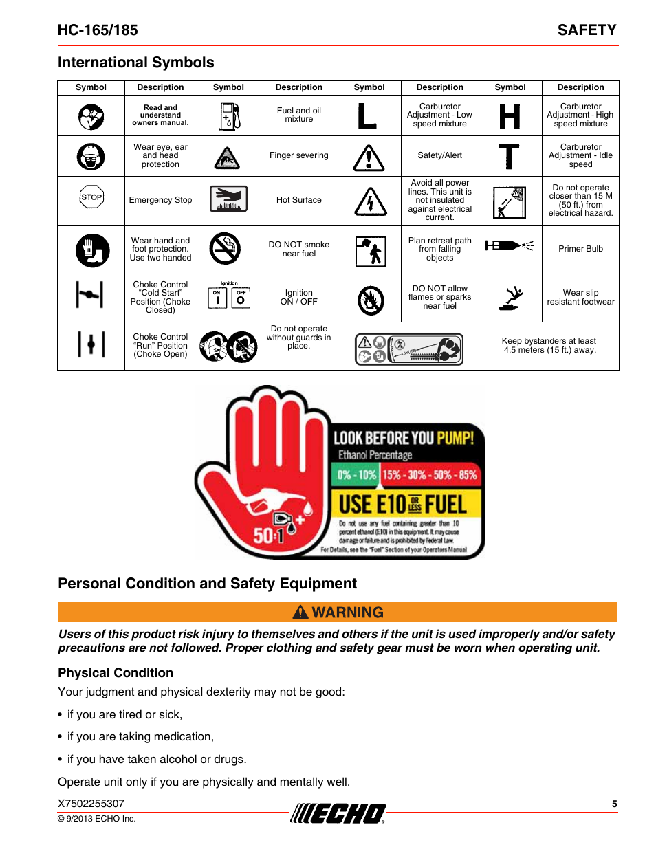 International symbols, Personal condition and safety equipment, Physical condition | Echo HC-185 User Manual | Page 5 / 36