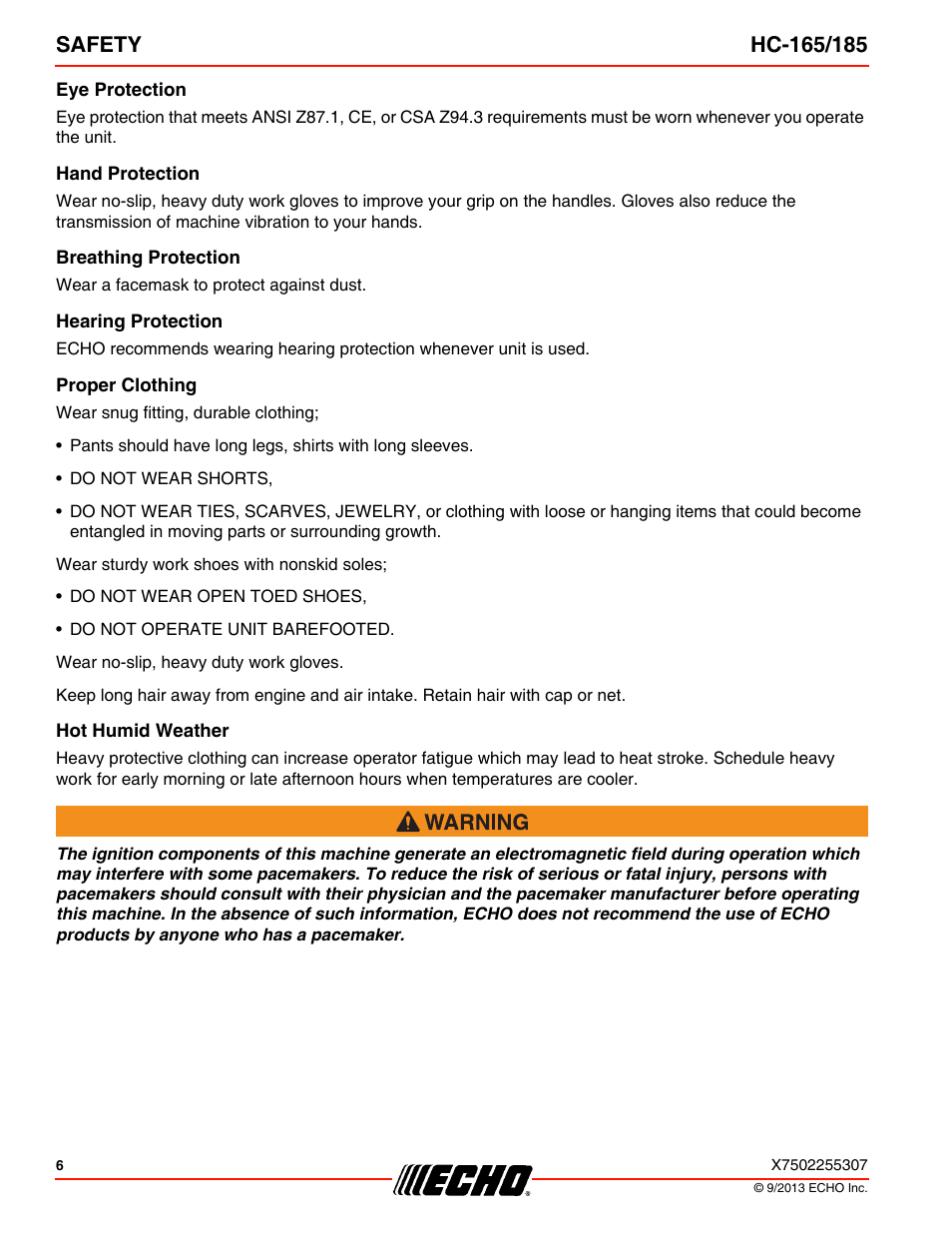 Eye protection, Hand protection, Breathing protection | Hearing protection, Proper clothing, Hot humid weather | Echo HC-185 User Manual | Page 6 / 36