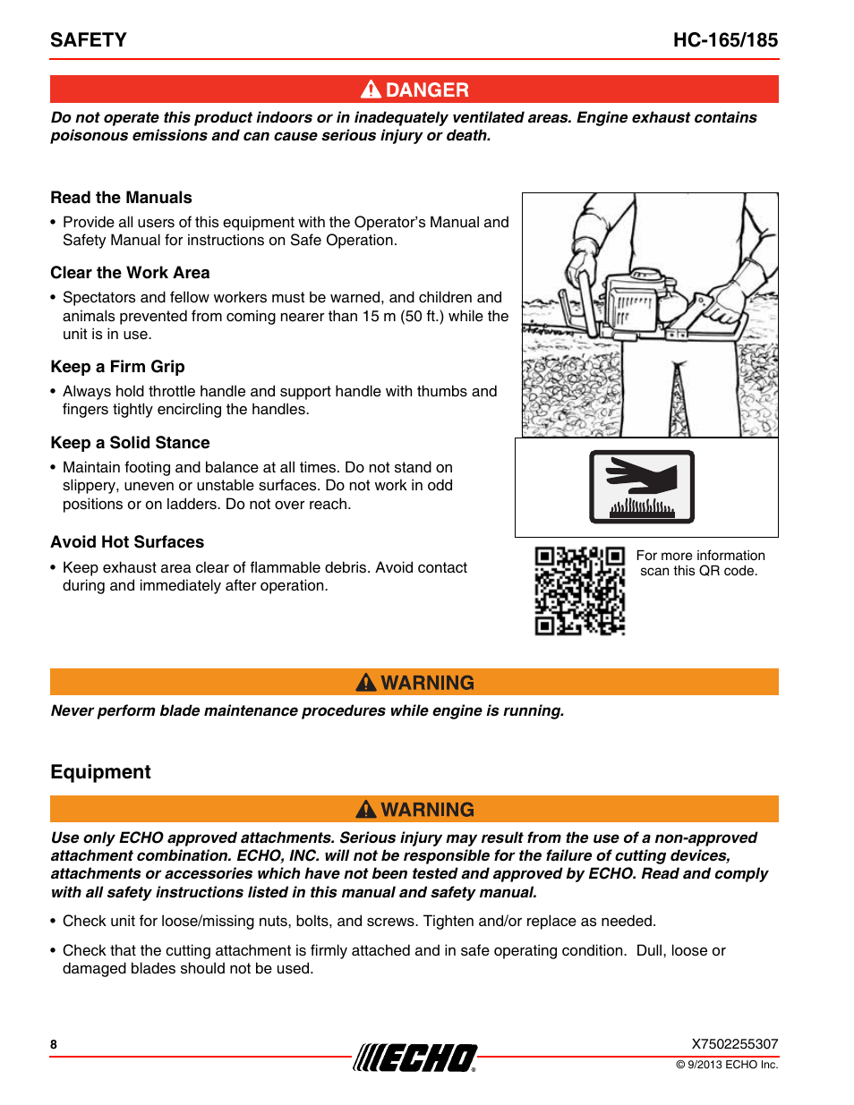 Read the manuals, Clear the work area, Keep a firm grip | Keep a solid stance, Avoid hot surfaces, Equipment | Echo HC-185 User Manual | Page 8 / 36