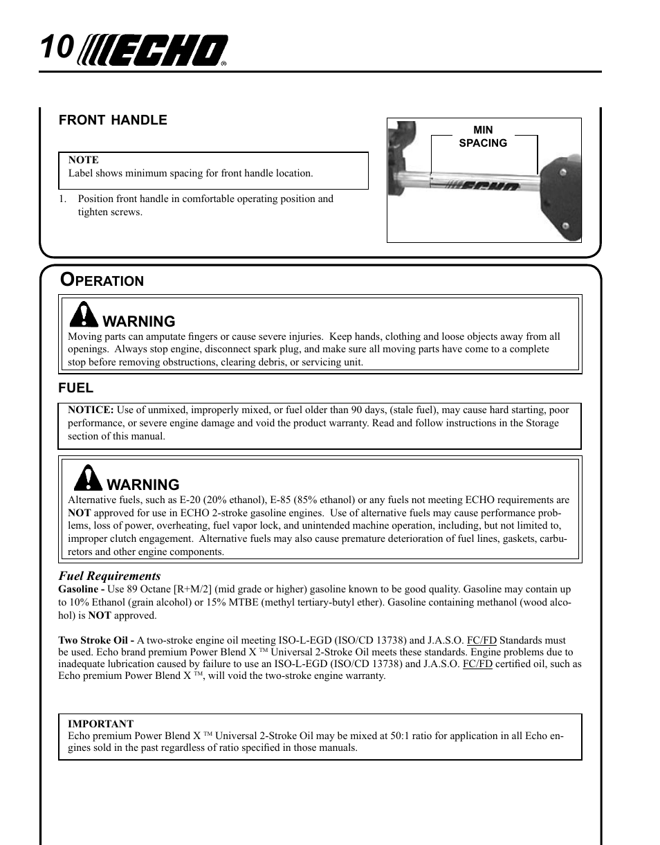 Front handle, Operation, Fuel | Warning | Echo SHC-225S Serial S86111001001 - S86111001676 User Manual | Page 10 / 28