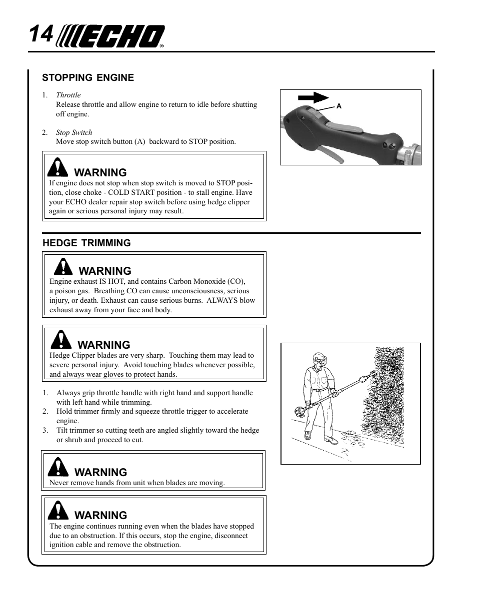 Stopping engine, Hedge trimming | Echo SHC-225S Serial S86111001001 - S86111001676 User Manual | Page 14 / 28