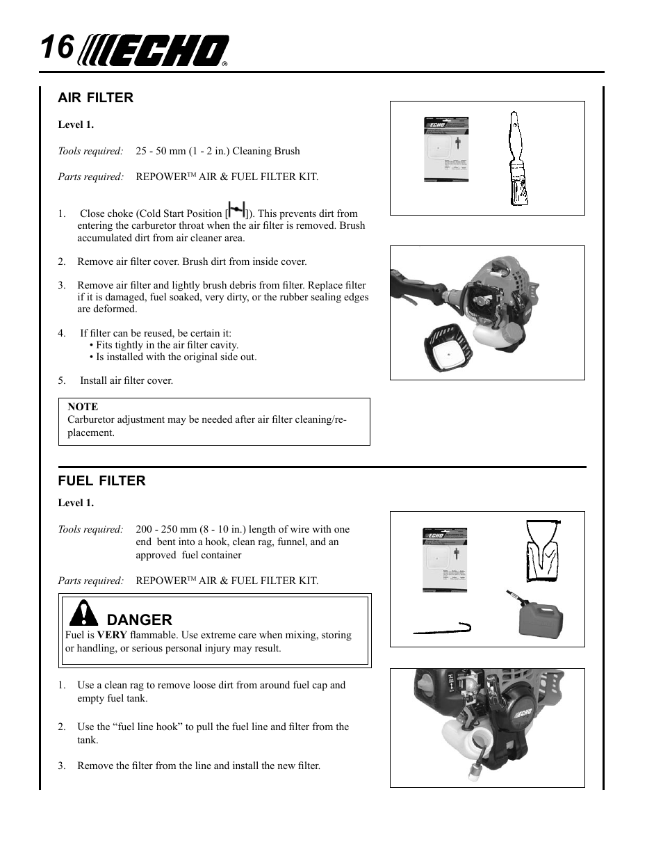 Air filter, Fuel filter, Danger | Echo SHC-225S Serial S86111001001 - S86111001676 User Manual | Page 16 / 28