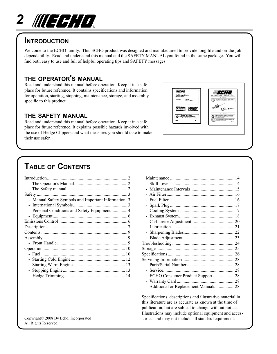 Echo SHC-225S Serial S86111001001 - S86111001676 User Manual | Page 2 / 28