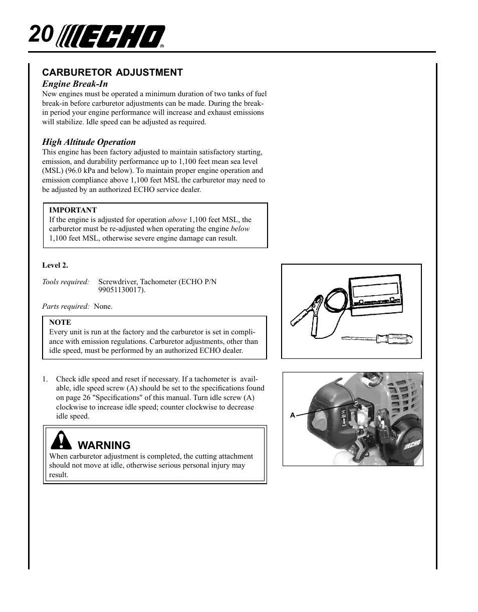 Carburetor adjustment, Warning | Echo SHC-225S Serial S86111001001 - S86111001676 User Manual | Page 20 / 28