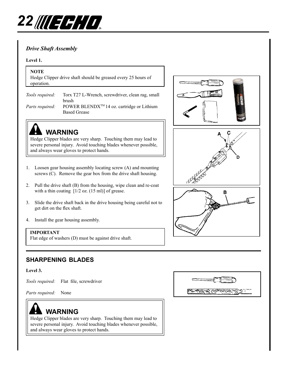 Sharpening blades, Warning | Echo SHC-225S Serial S86111001001 - S86111001676 User Manual | Page 22 / 28