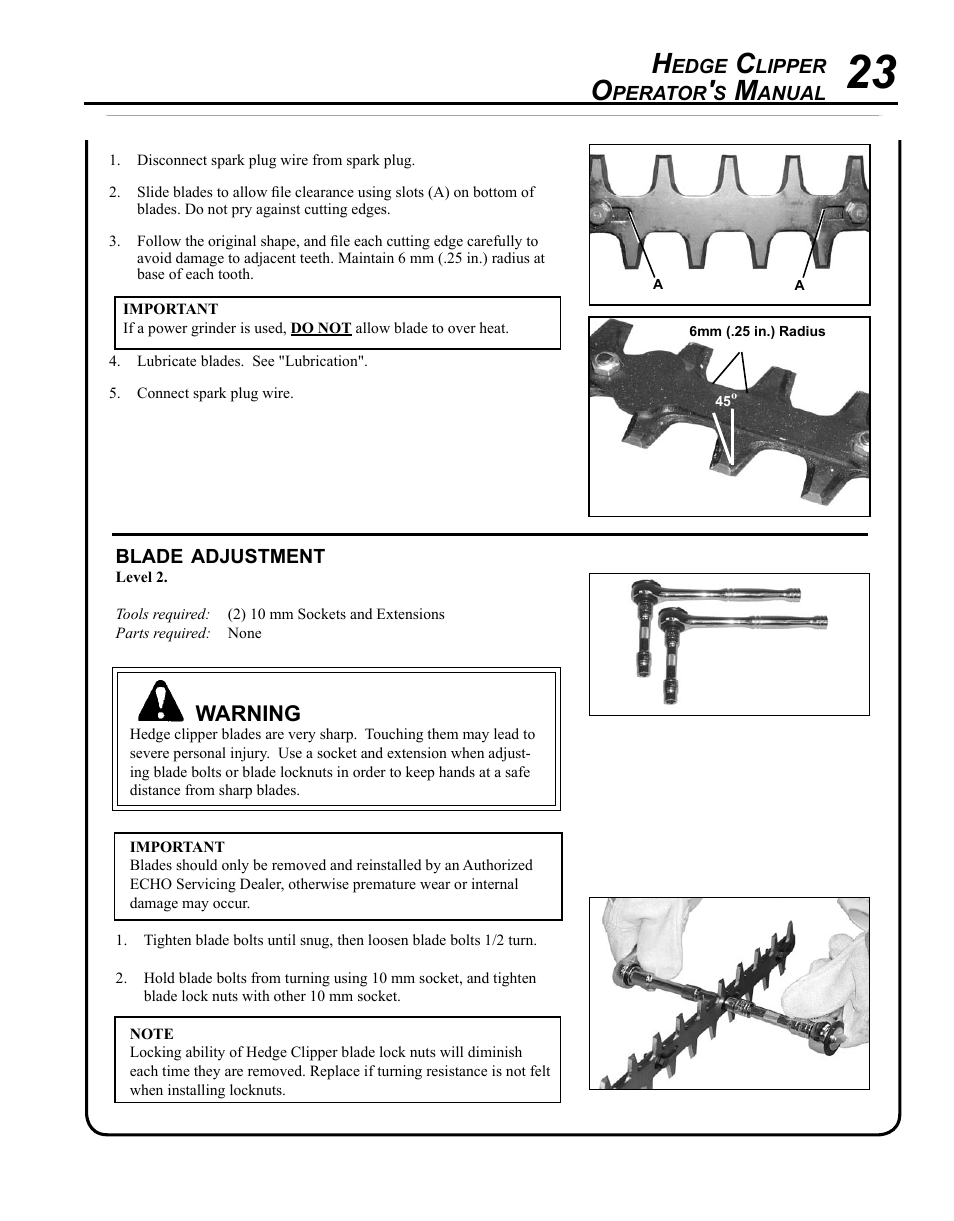 Blade adjustment | Echo SHC-225S Serial S86111001001 - S86111001676 User Manual | Page 23 / 28
