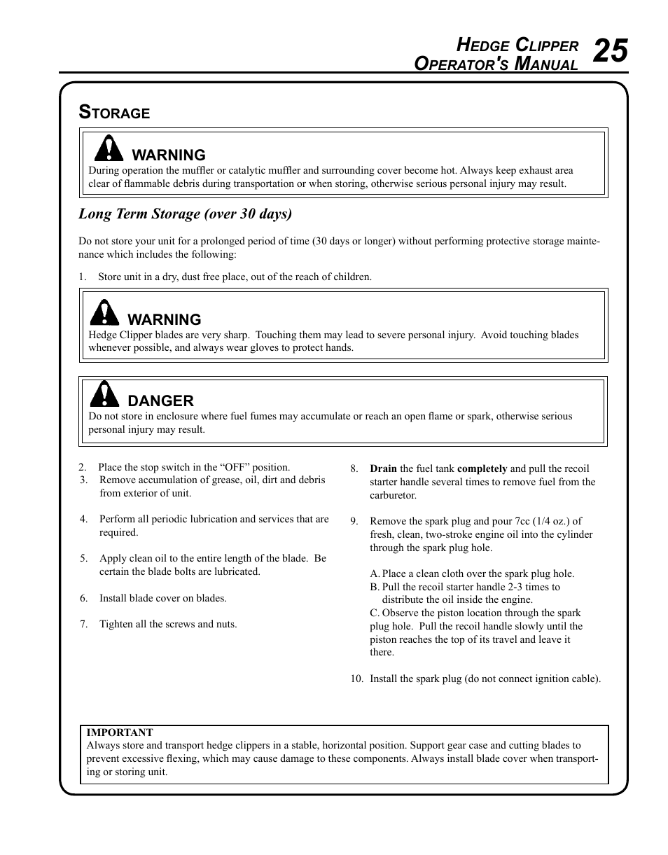 Storage | Echo SHC-225S Serial S86111001001 - S86111001676 User Manual | Page 25 / 28