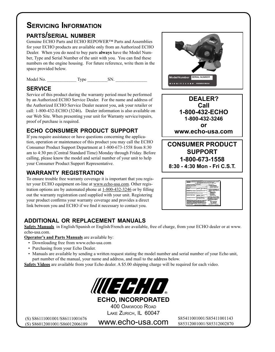 Servicing information | Echo SHC-225S Serial S86111001001 - S86111001676 User Manual | Page 28 / 28