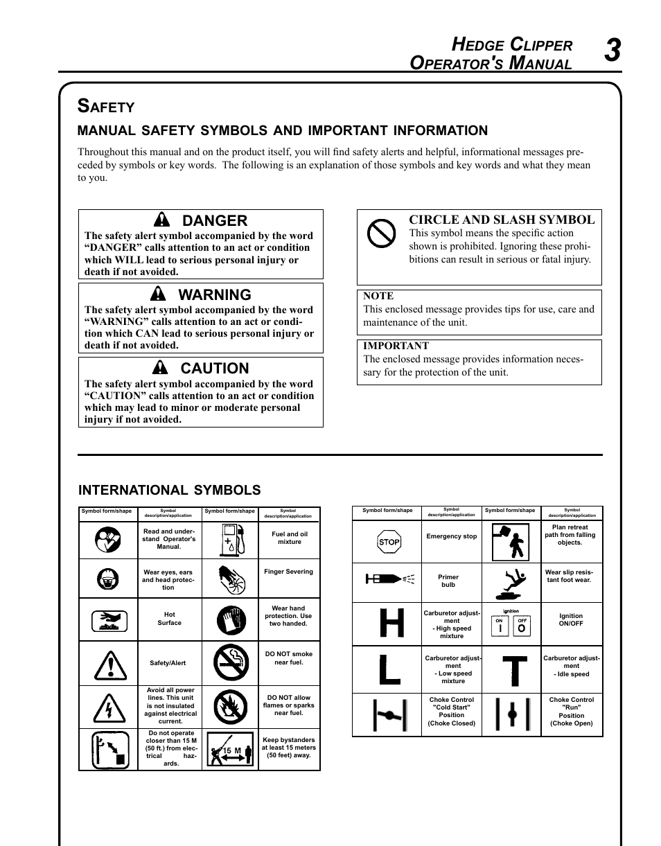 Safety, Warning, Caution | Danger, Edge, Lipper, Perator, Anual, International, Symbols | Echo SHC-225S Serial S86111001001 - S86111001676 User Manual | Page 3 / 28