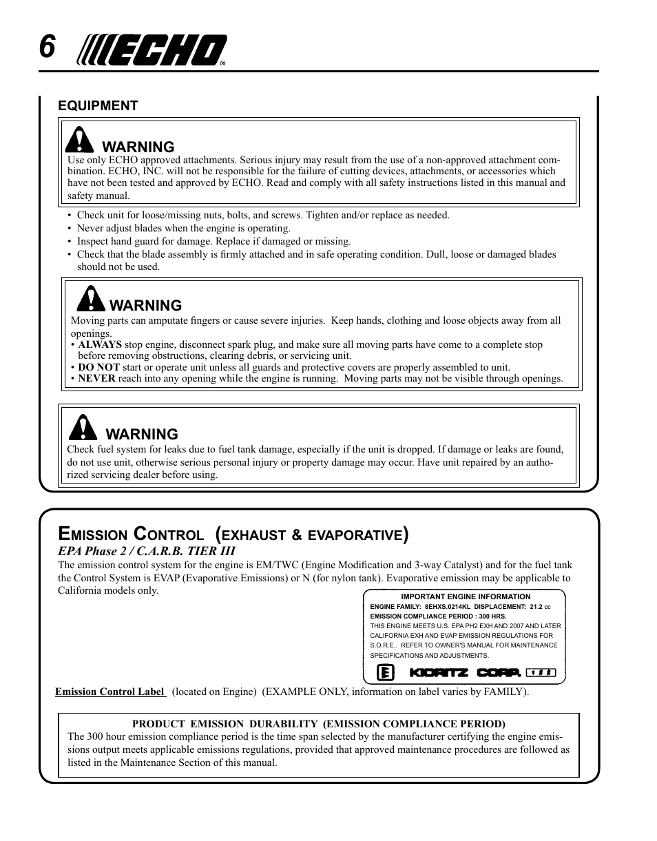 Emission control (exhaust & evaporative) | Echo SHC-225S Serial S86111001001 - S86111001676 User Manual | Page 6 / 28
