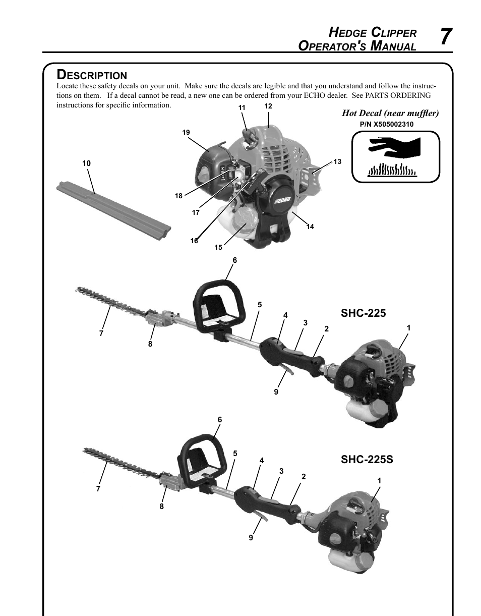 Description | Echo SHC-225S Serial S86111001001 - S86111001676 User Manual | Page 7 / 28
