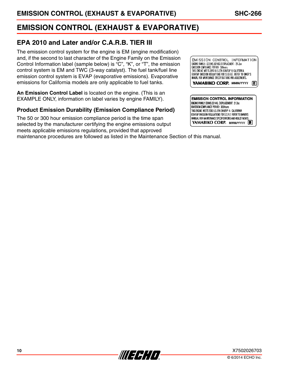 Emission control (exhaust & evaporative), Epa 2010 and later and/or c.a.r.b. tier iii | Echo SHC-266 User Manual | Page 10 / 36