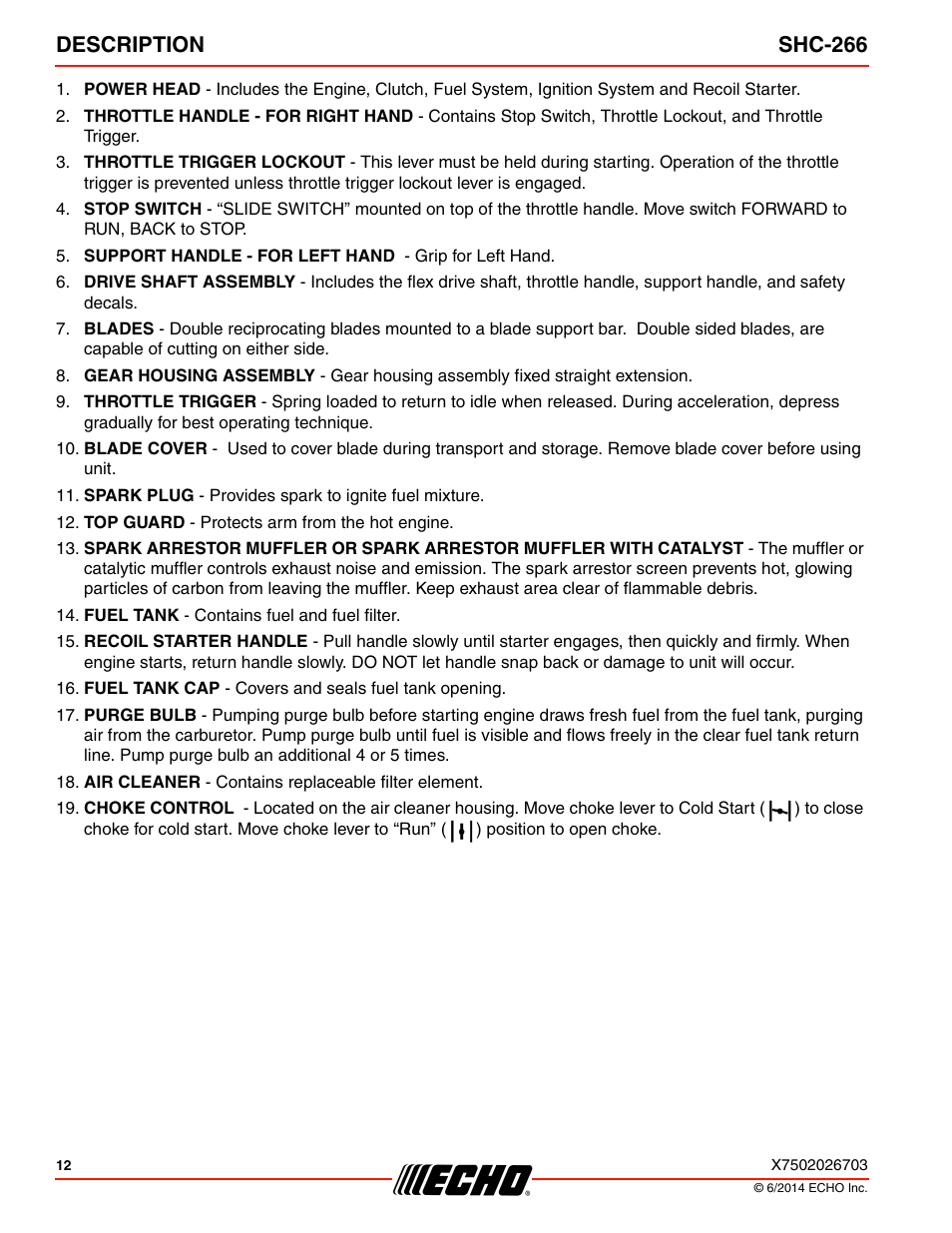 Description shc-266 | Echo SHC-266 User Manual | Page 12 / 36