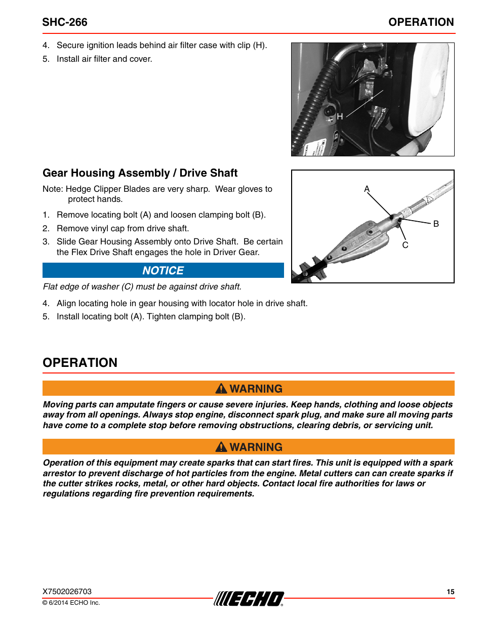 Gear housing assembly / drive shaft, Operation, Shc-266 operation | Echo SHC-266 User Manual | Page 15 / 36