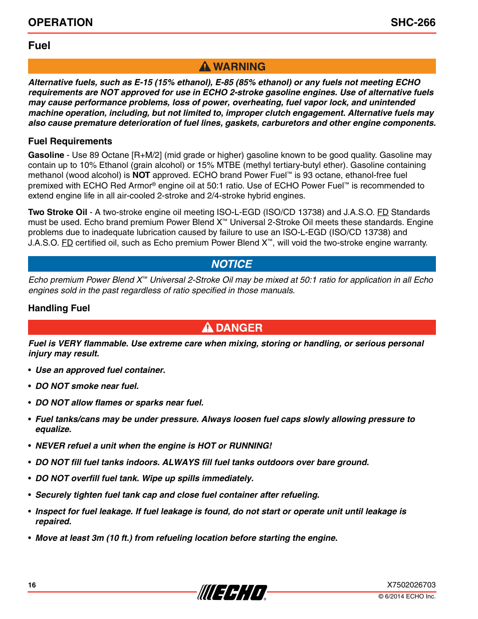 Fuel, Operation shc-266 fuel | Echo SHC-266 User Manual | Page 16 / 36