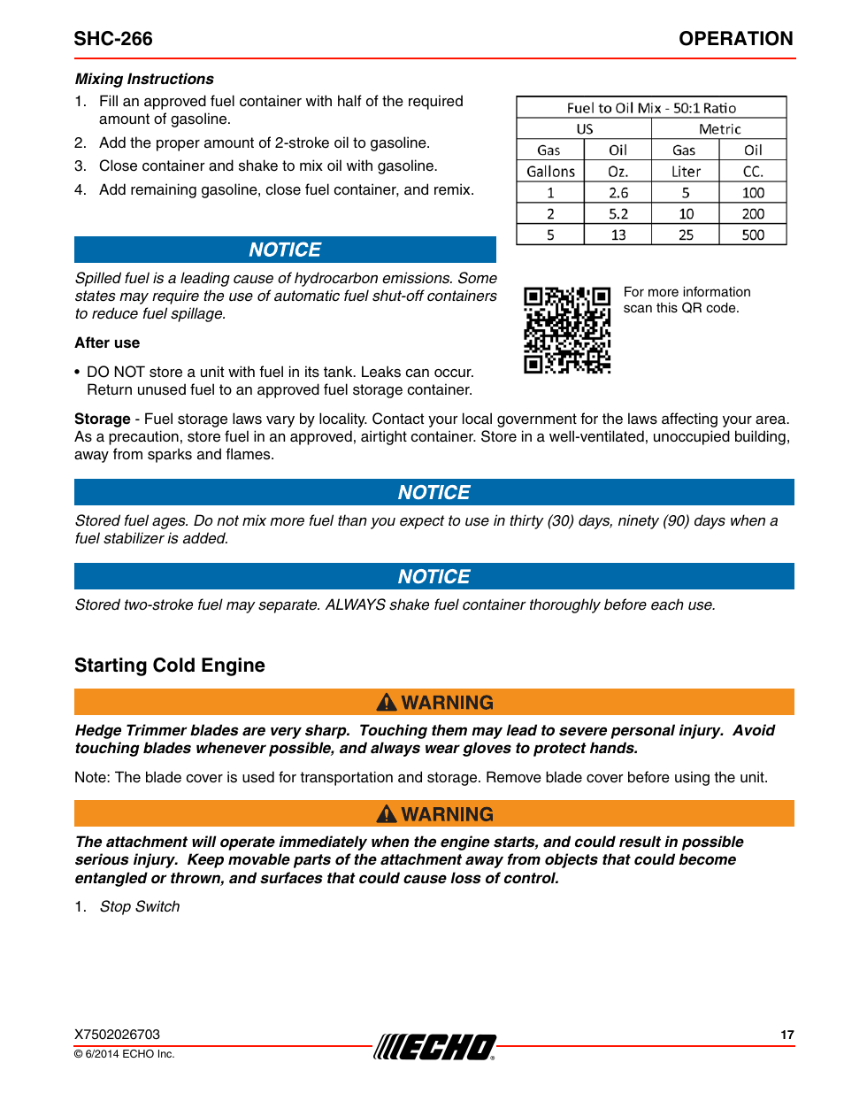 Starting cold engine, Shc-266 operation | Echo SHC-266 User Manual | Page 17 / 36