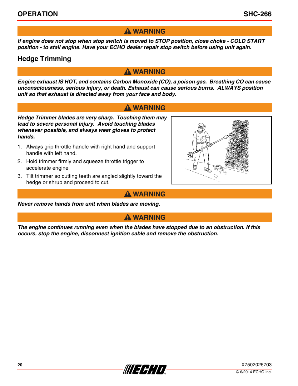 Hedge trimming, Operation shc-266 | Echo SHC-266 User Manual | Page 20 / 36