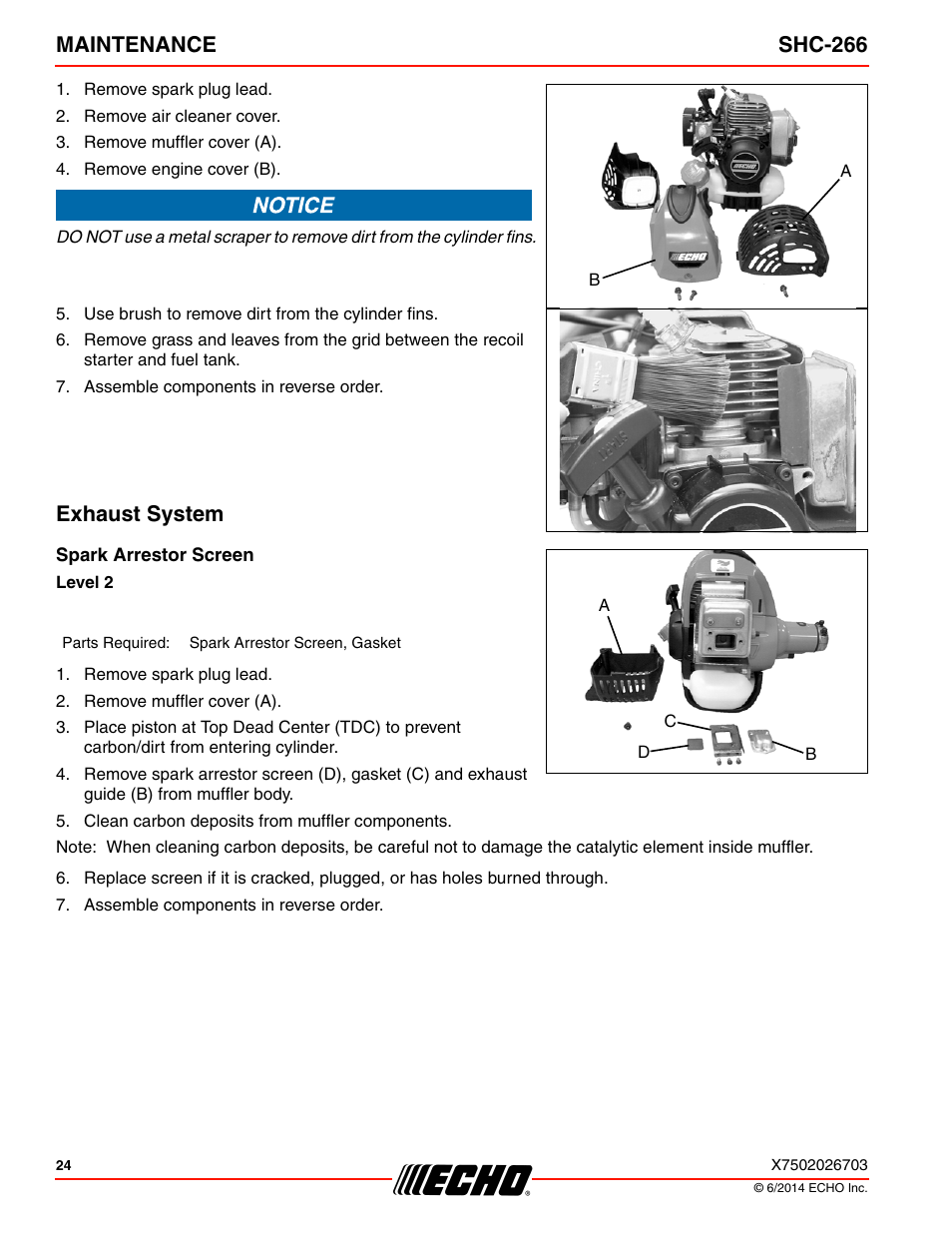 Exhaust system, Maintenance shc-266 | Echo SHC-266 User Manual | Page 24 / 36