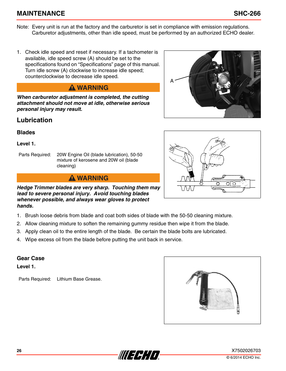 Lubrication, Maintenance shc-266 | Echo SHC-266 User Manual | Page 26 / 36