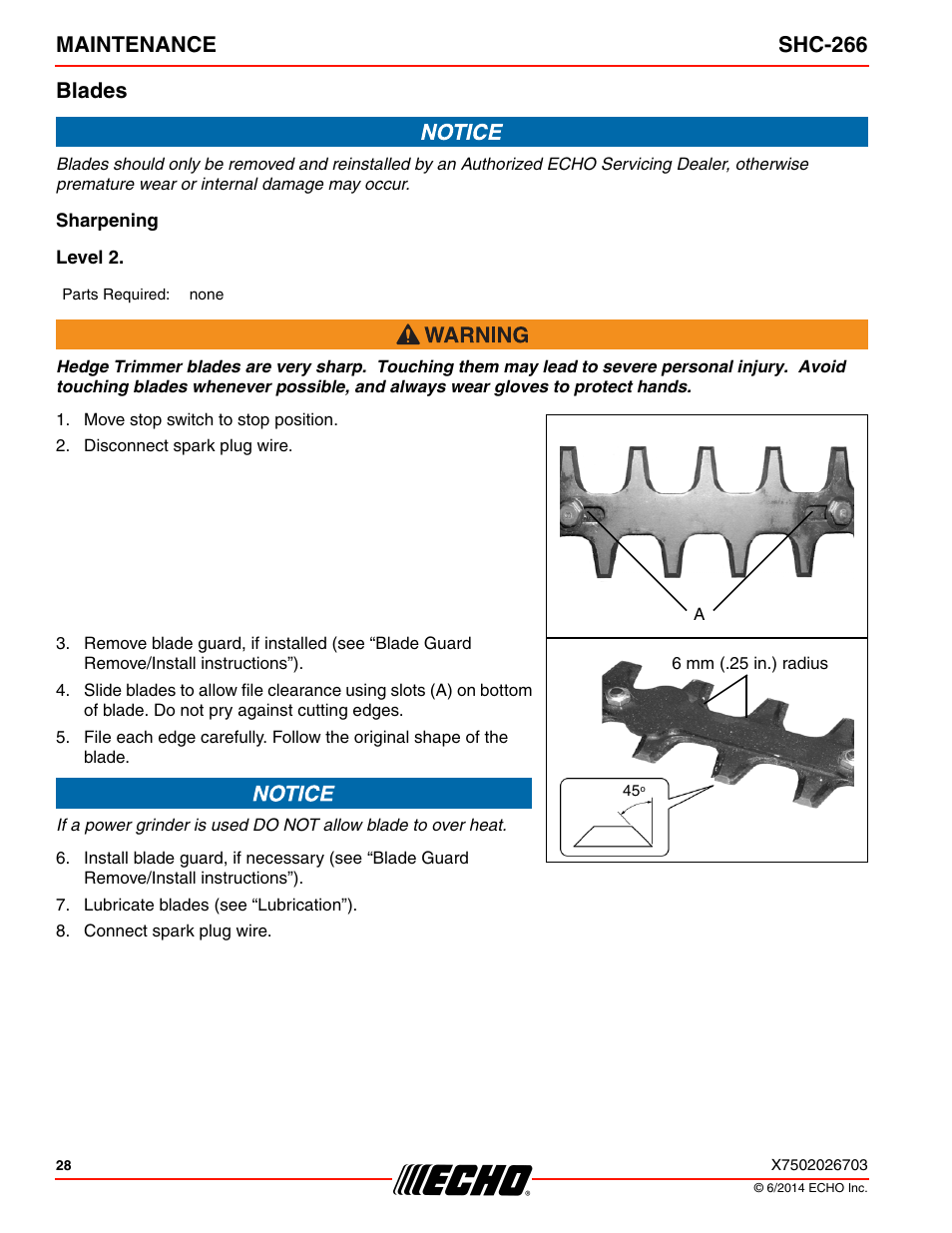 Blades, Maintenance shc-266 blades | Echo SHC-266 User Manual | Page 28 / 36