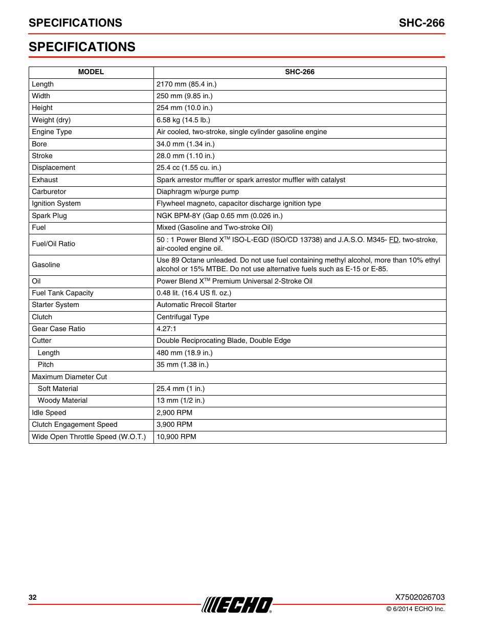 Specifications, Specifications shc-266 | Echo SHC-266 User Manual | Page 32 / 36