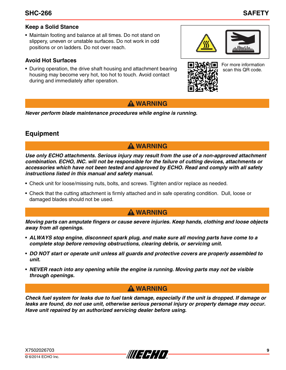 Equipment, Shc-266 safety | Echo SHC-266 User Manual | Page 9 / 36