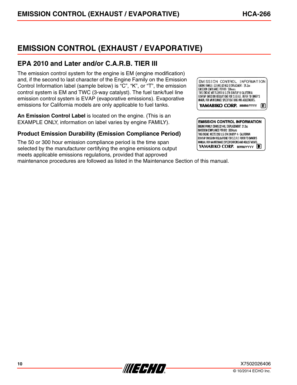 Emission control (exhaust / evaporative), Epa 2010 and later and/or c.a.r.b. tier iii | Echo HCA-266 User Manual | Page 10 / 40