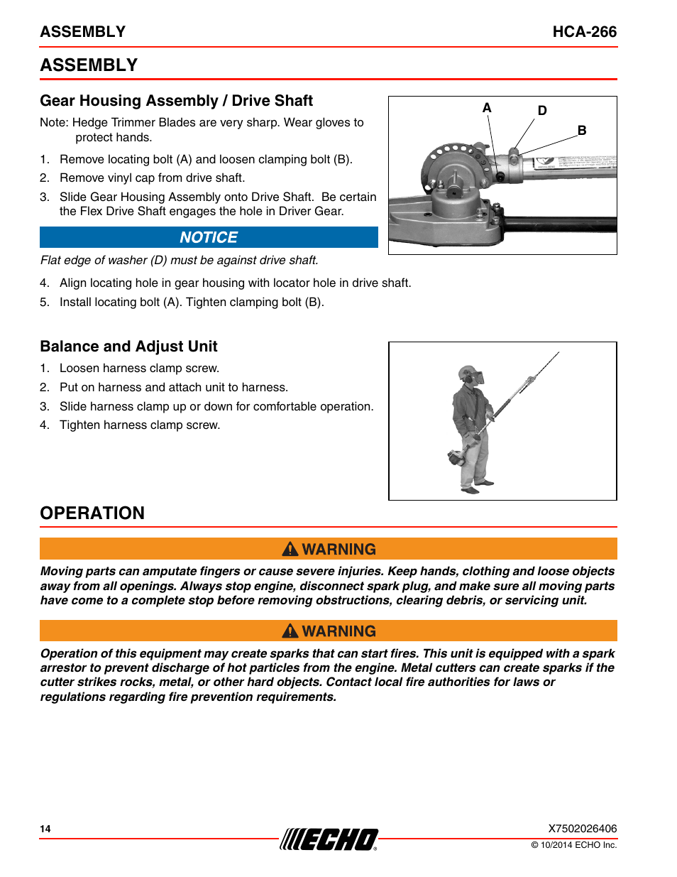 Assembly, Operation | Echo HCA-266 User Manual | Page 14 / 40