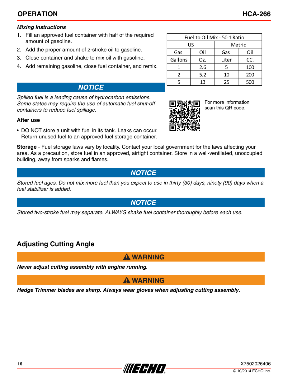 Adjusting cutting angle, Operation hca-266 | Echo HCA-266 User Manual | Page 16 / 40