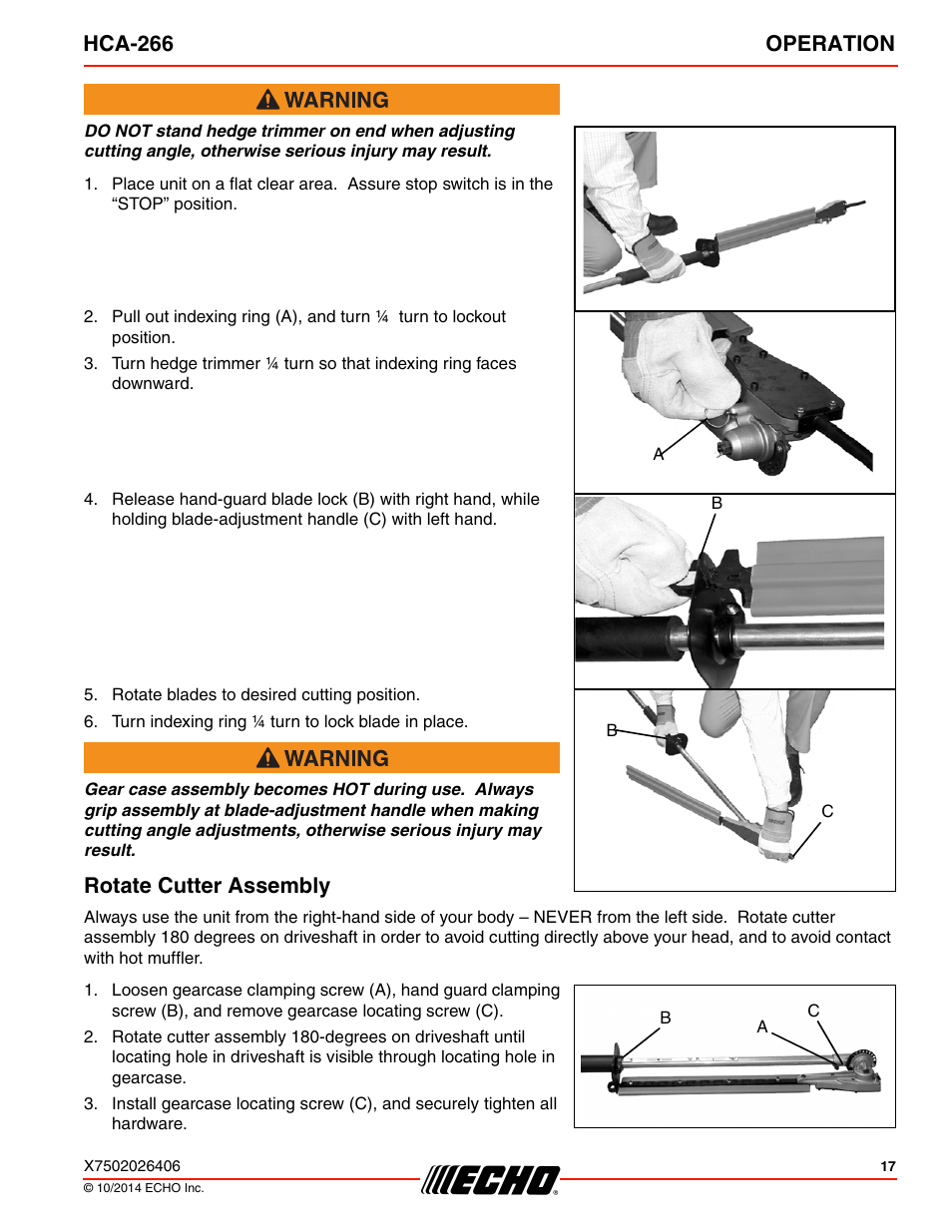 Rotate cutter assembly, Hca-266 operation | Echo HCA-266 User Manual | Page 17 / 40