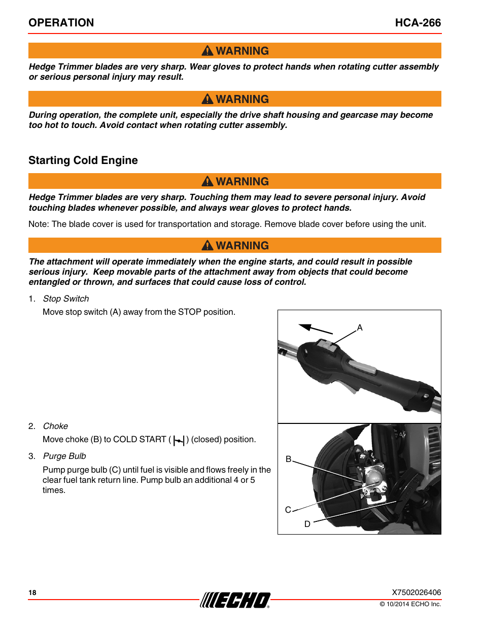 Starting cold engine, Operation hca-266 | Echo HCA-266 User Manual | Page 18 / 40