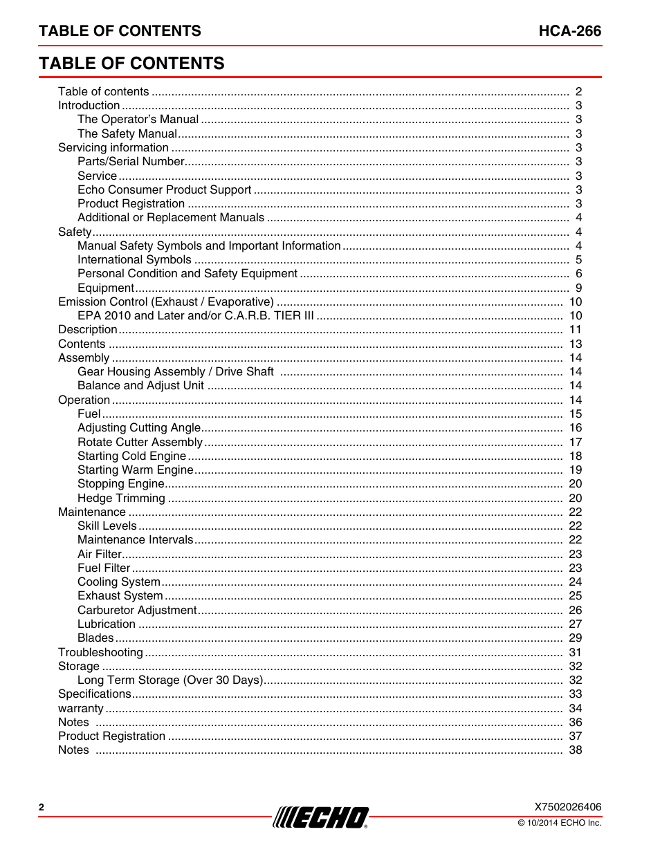 Echo HCA-266 User Manual | Page 2 / 40