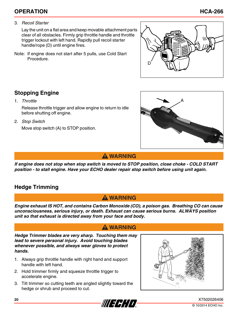 Stopping engine hedge trimming, Operation hca-266, Stopping engine | Hedge trimming | Echo HCA-266 User Manual | Page 20 / 40