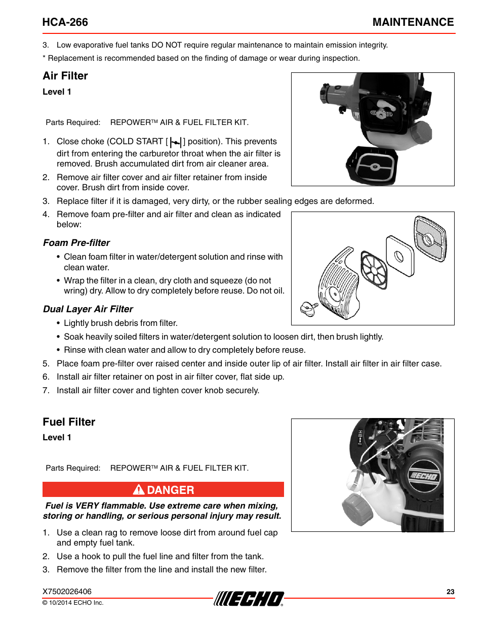 Air filter fuel filter, Hca-266 maintenance, Air filter | Fuel filter | Echo HCA-266 User Manual | Page 23 / 40