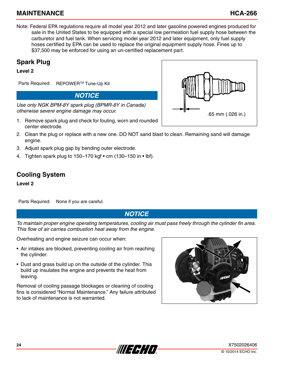 Cooling system, Maintenance hca-266, Spark plug | Echo HCA-266 User Manual | Page 24 / 40