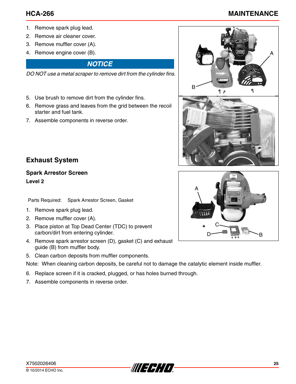 Exhaust system, Hca-266 maintenance | Echo HCA-266 User Manual | Page 25 / 40