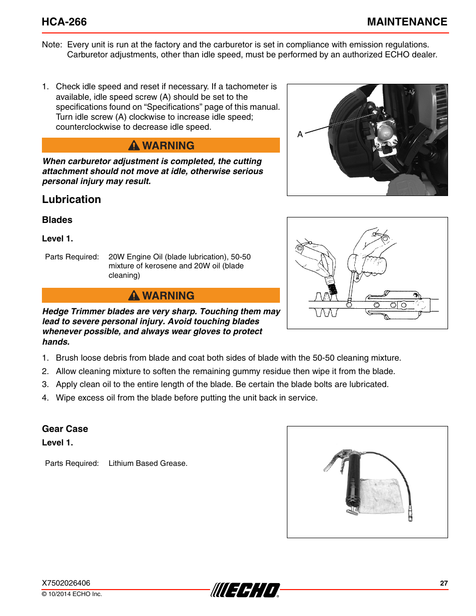 Lubrication, Hca-266 maintenance | Echo HCA-266 User Manual | Page 27 / 40