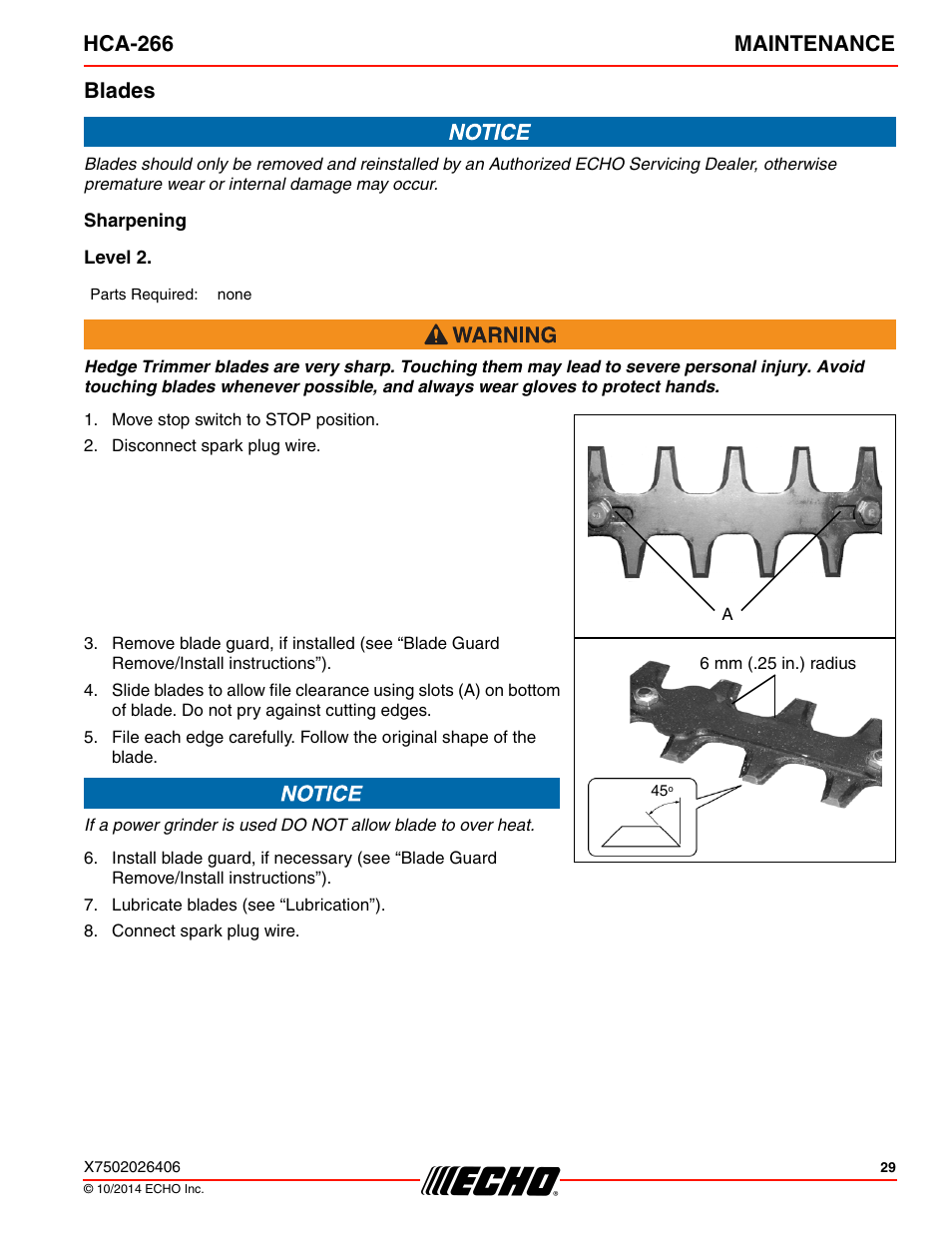 Blades, Hca-266 maintenance | Echo HCA-266 User Manual | Page 29 / 40