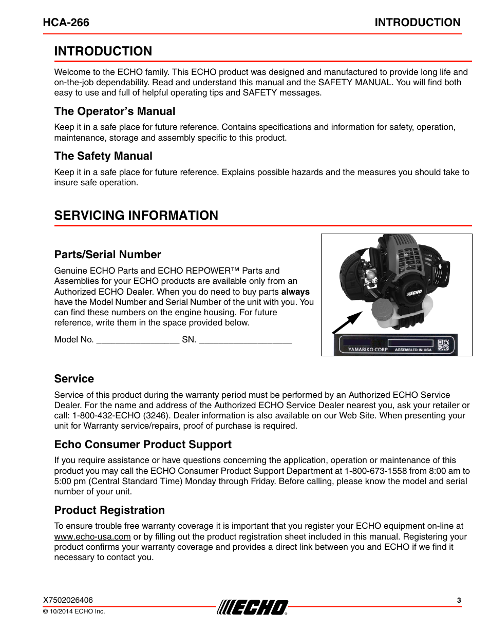 Introduction, The operator’s manual the safety manual, Servicing information | Echo HCA-266 User Manual | Page 3 / 40