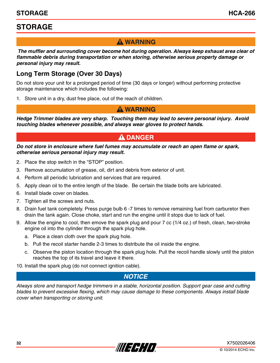 Storage, Long term storage (over 30 days), Storage hca-266 | Echo HCA-266 User Manual | Page 32 / 40