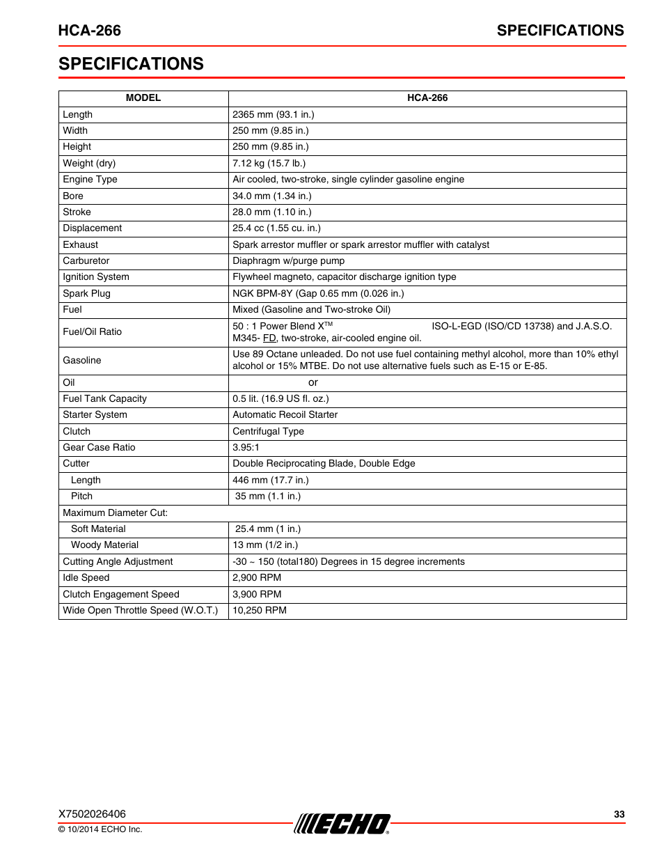 Specifications, Hca-266 specifications | Echo HCA-266 User Manual | Page 33 / 40